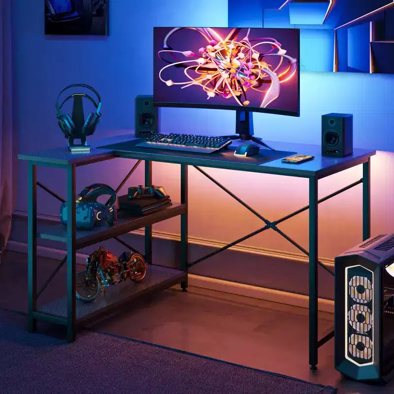 Bestier Scrivania ad angolo a L piccola con ripiani, scrivania da lavoro per studio da 120 cm, workstation per ufficio domestico per piccoli spazi