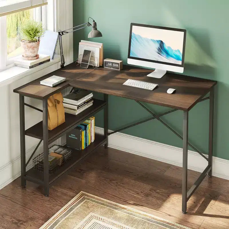 Bestier Scrivania ad angolo a L piccola con ripiani, scrivania da lavoro per studio da 120 cm, workstation per ufficio domestico per piccoli spazi