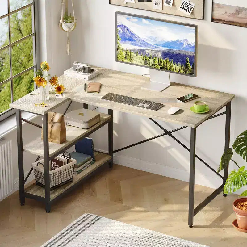 Bestier Scrivania ad angolo a L piccola con ripiani, scrivania da lavoro per studio da 120 cm, workstation per ufficio domestico per piccoli spazi