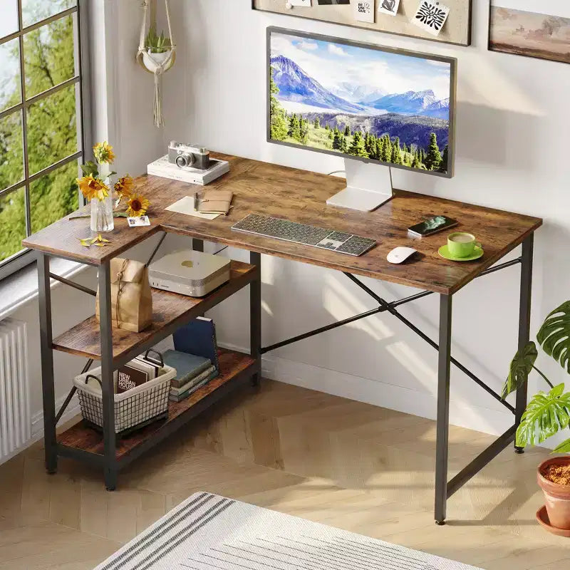 Bestier Scrivania ad angolo a L piccola con ripiani, scrivania da lavoro per studio da 120 cm, workstation per ufficio domestico per piccoli spazi