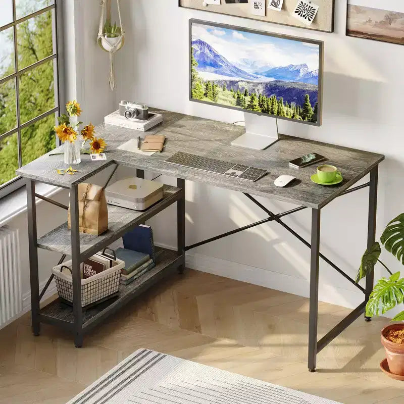 Bestier Scrivania ad angolo a L piccola con ripiani, scrivania da lavoro per studio da 120 cm, workstation per ufficio domestico per piccoli spazi