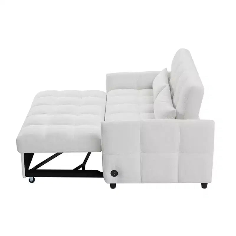 Divanetto Sleeper Estraibile da 52,8" con Schienale Regolabile, 3 Porte USB e Cuscini Lombari - Divano Letto Tufted in Ciniglia per Piccoli Spazi
