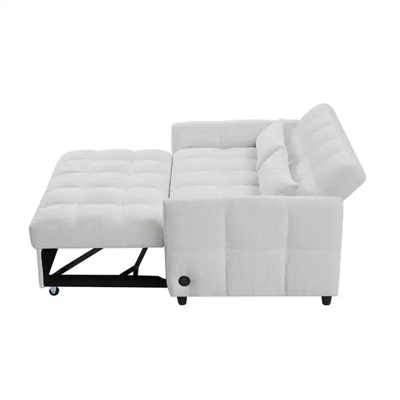 Divanetto Sleeper Estraibile da 52,8" con Schienale Regolabile, 3 Porte USB e Cuscini Lombari - Divano Letto Tufted in Ciniglia per Piccoli Spazi