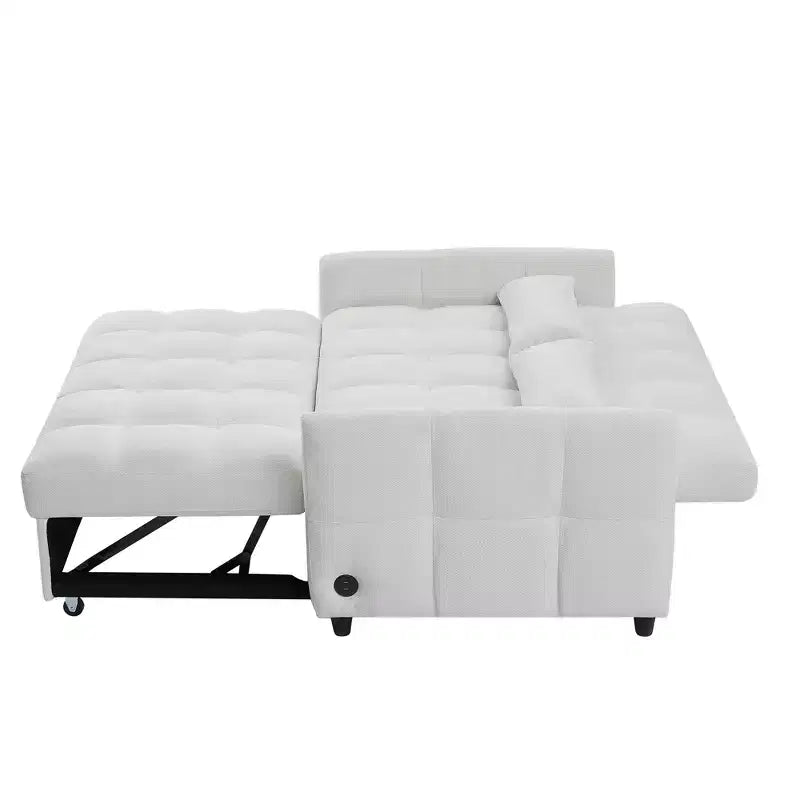 Divanetto Sleeper Estraibile da 52,8" con Schienale Regolabile, 3 Porte USB e Cuscini Lombari - Divano Letto Tufted in Ciniglia per Piccoli Spazi