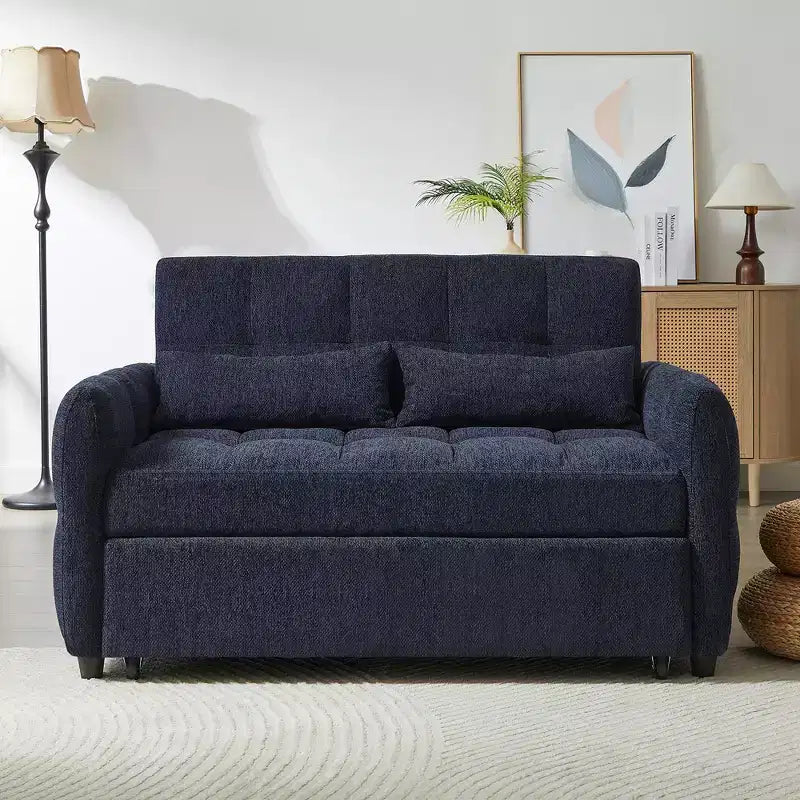 Divanetto Sleeper Estraibile da 52,8" con Schienale Regolabile, 3 Porte USB e Cuscini Lombari - Divano Letto Tufted in Ciniglia per Piccoli Spazi