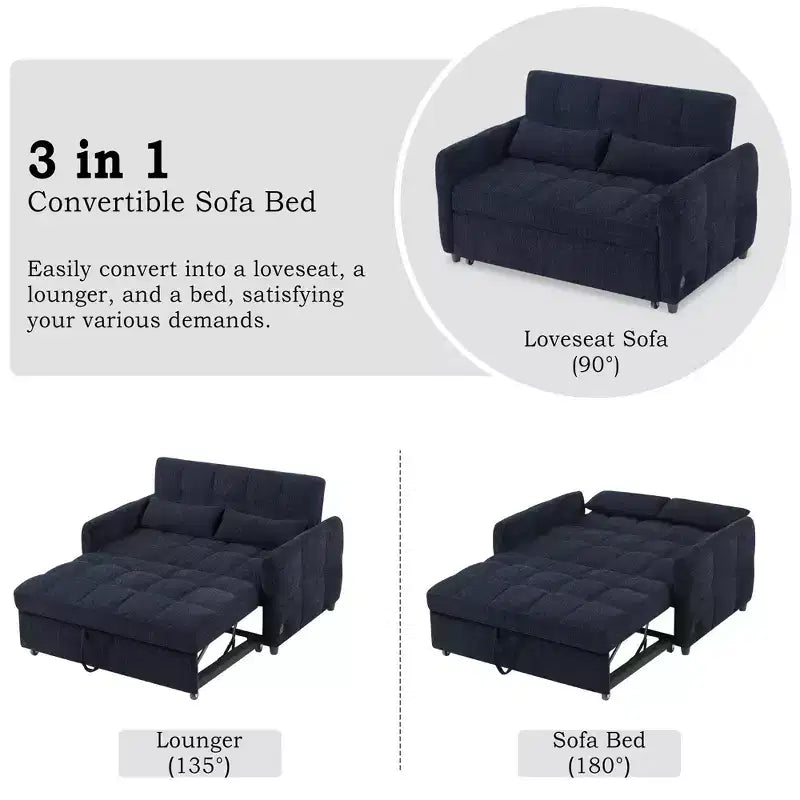 Divanetto Sleeper Estraibile da 52,8" con Schienale Regolabile, 3 Porte USB e Cuscini Lombari - Divano Letto Tufted in Ciniglia per Piccoli Spazi