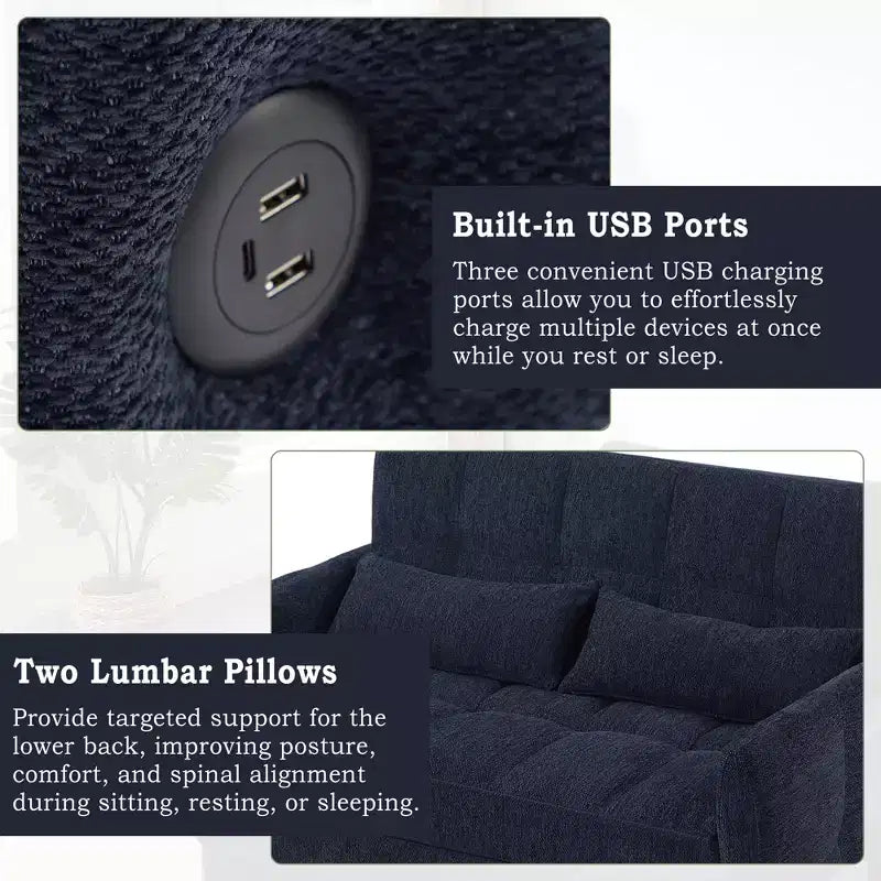 Divanetto Sleeper Estraibile da 52,8" con Schienale Regolabile, 3 Porte USB e Cuscini Lombari - Divano Letto Tufted in Ciniglia per Piccoli Spazi