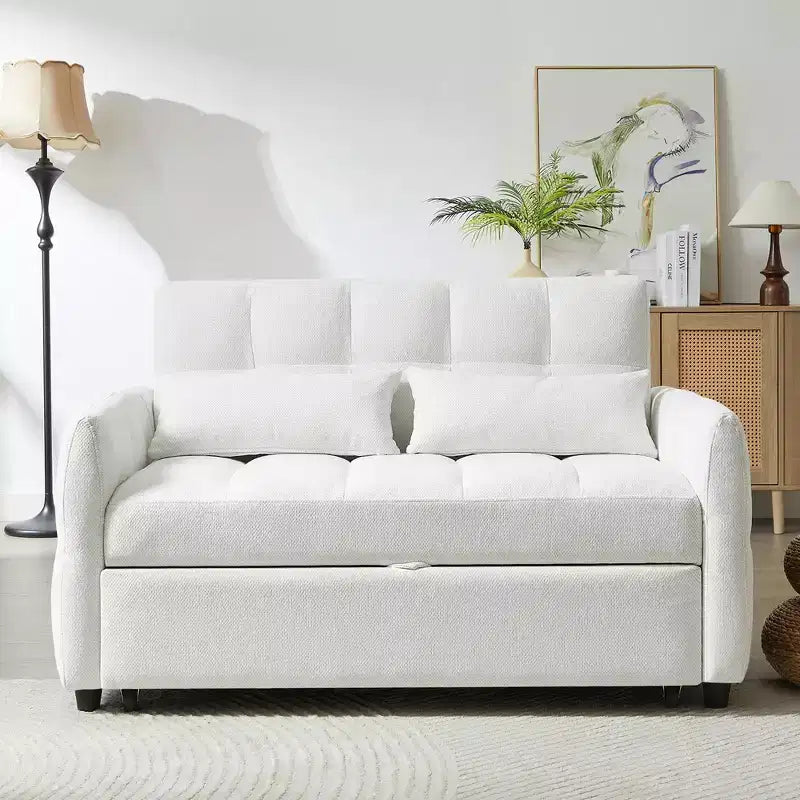 Divanetto Sleeper Estraibile da 52,8" con Schienale Regolabile, 3 Porte USB e Cuscini Lombari - Divano Letto Tufted in Ciniglia per Piccoli Spazi