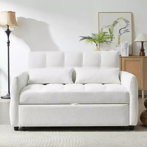 Causeuse gigogne de 134,1 cm avec dossier réglable, 3 ports USB et oreillers lombaires – Canapé-lit touffeté en chenille pour petits espaces