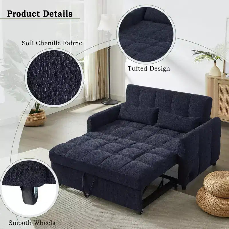 Divanetto Sleeper Estraibile da 52,8" con Schienale Regolabile, 3 Porte USB e Cuscini Lombari - Divano Letto Tufted in Ciniglia per Piccoli Spazi