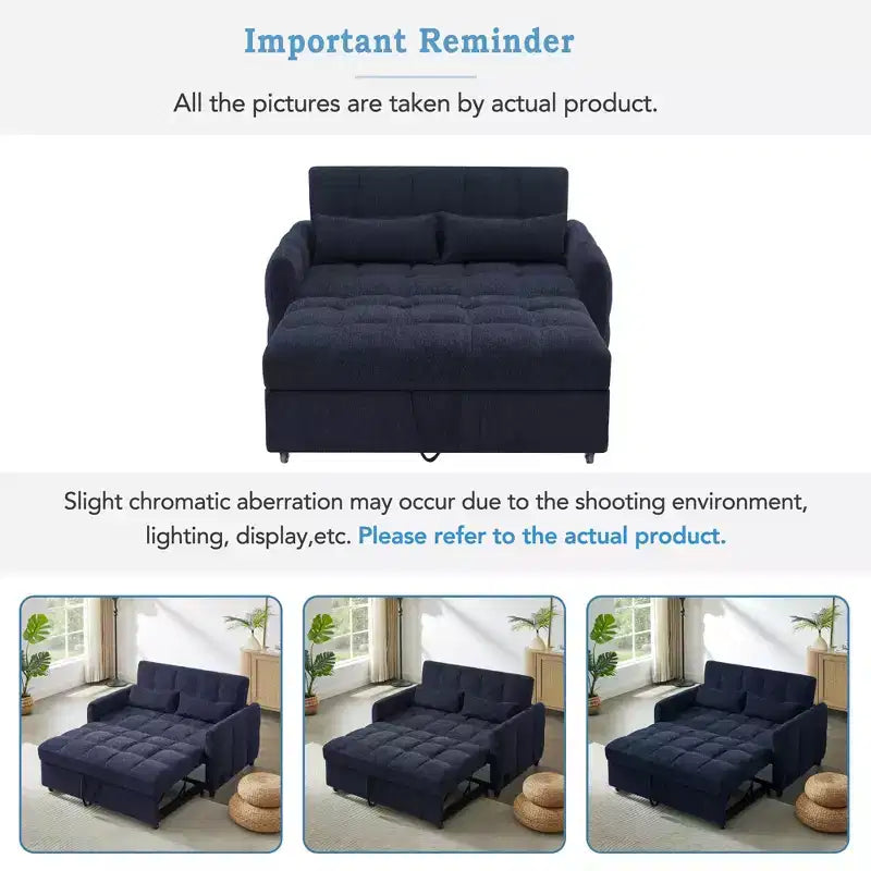 Divanetto Sleeper Estraibile da 52,8" con Schienale Regolabile, 3 Porte USB e Cuscini Lombari - Divano Letto Tufted in Ciniglia per Piccoli Spazi