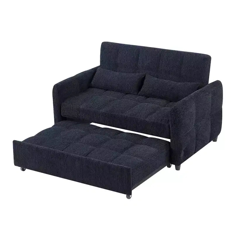 Divanetto Sleeper Estraibile da 52,8" con Schienale Regolabile, 3 Porte USB e Cuscini Lombari - Divano Letto Tufted in Ciniglia per Piccoli Spazi