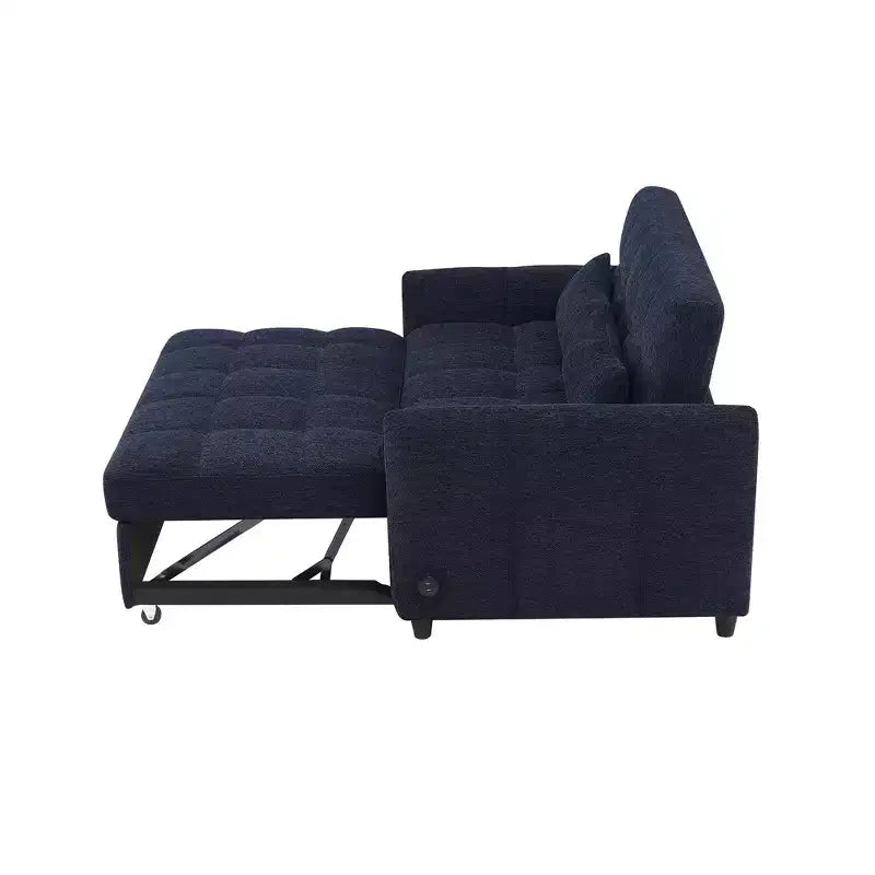 Divanetto Sleeper Estraibile da 52,8" con Schienale Regolabile, 3 Porte USB e Cuscini Lombari - Divano Letto Tufted in Ciniglia per Piccoli Spazi