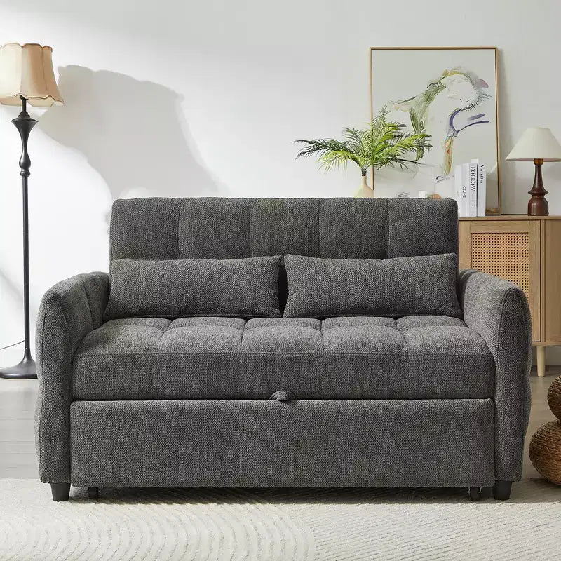 Divanetto Sleeper Estraibile da 52,8" con Schienale Regolabile, 3 Porte USB e Cuscini Lombari - Divano Letto Tufted in Ciniglia per Piccoli Spazi