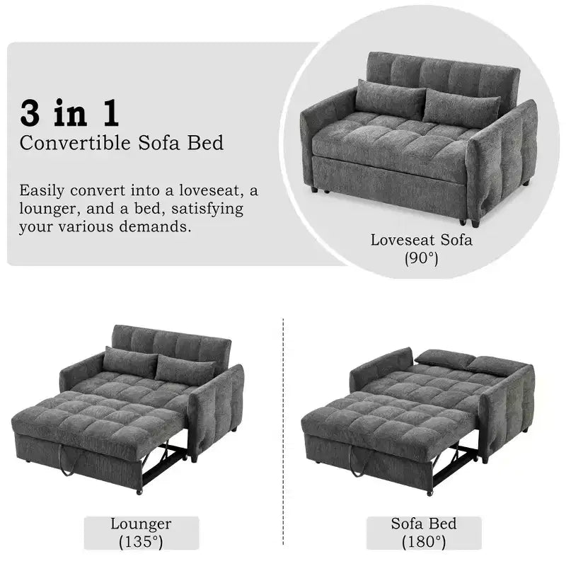 Divanetto Sleeper Estraibile da 52,8" con Schienale Regolabile, 3 Porte USB e Cuscini Lombari - Divano Letto Tufted in Ciniglia per Piccoli Spazi