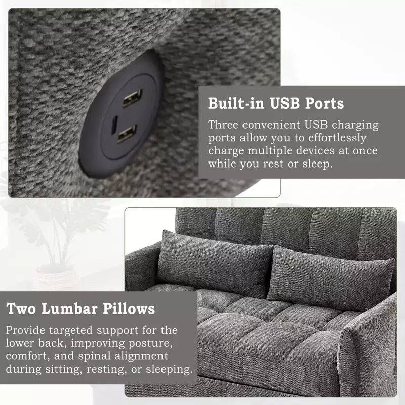Divanetto Sleeper Estraibile da 52,8" con Schienale Regolabile, 3 Porte USB e Cuscini Lombari - Divano Letto Tufted in Ciniglia per Piccoli Spazi