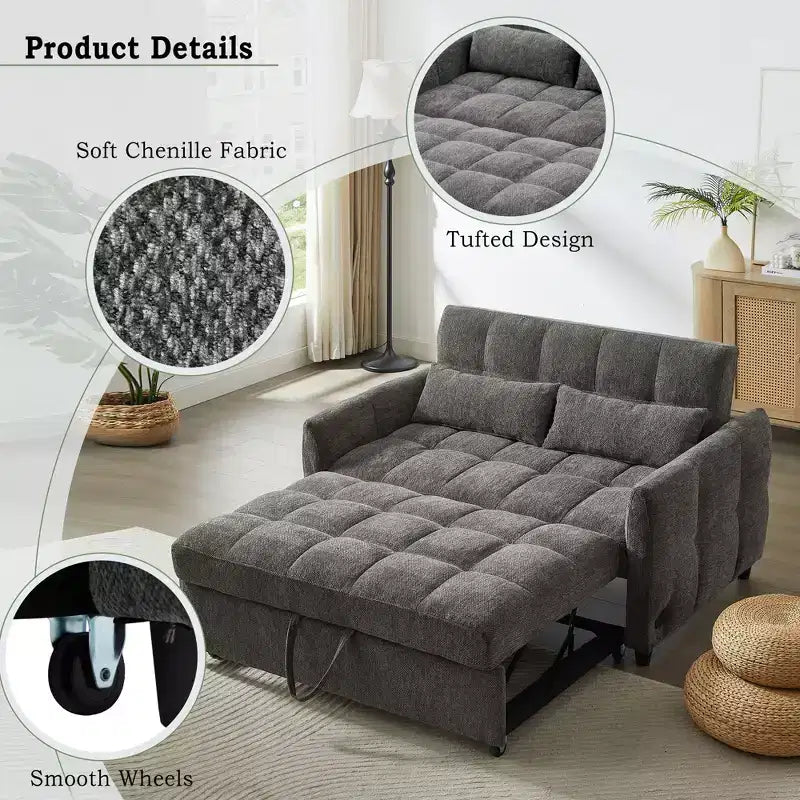 Divanetto Sleeper Estraibile da 52,8" con Schienale Regolabile, 3 Porte USB e Cuscini Lombari - Divano Letto Tufted in Ciniglia per Piccoli Spazi
