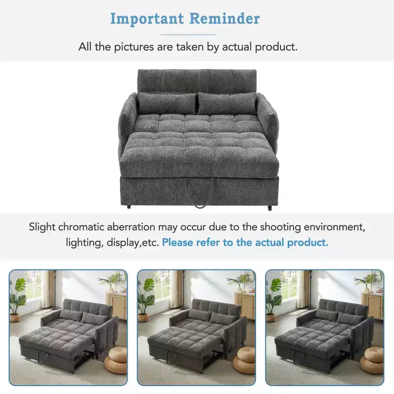 Divanetto Sleeper Estraibile da 52,8" con Schienale Regolabile, 3 Porte USB e Cuscini Lombari - Divano Letto Tufted in Ciniglia per Piccoli Spazi