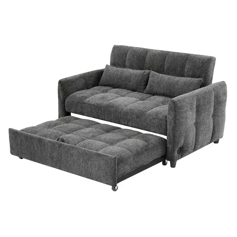 Divanetto Sleeper Estraibile da 52,8" con Schienale Regolabile, 3 Porte USB e Cuscini Lombari - Divano Letto Tufted in Ciniglia per Piccoli Spazi