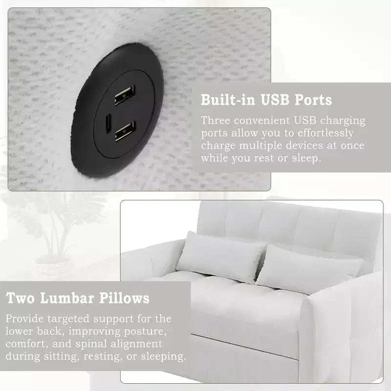 Divanetto Sleeper Estraibile da 52,8" con Schienale Regolabile, 3 Porte USB e Cuscini Lombari - Divano Letto Tufted in Ciniglia per Piccoli Spazi