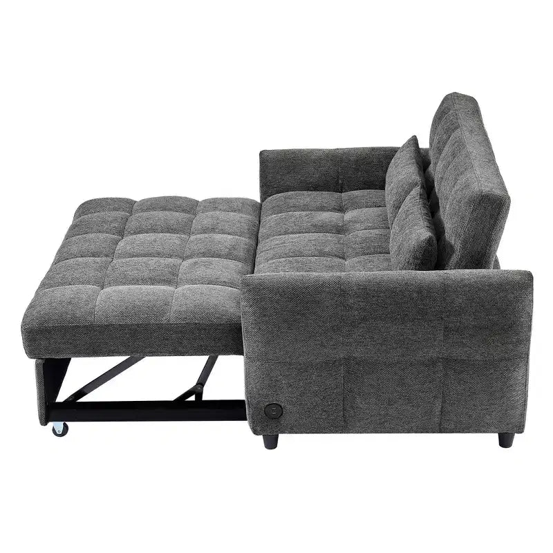 Divanetto Sleeper Estraibile da 52,8" con Schienale Regolabile, 3 Porte USB e Cuscini Lombari - Divano Letto Tufted in Ciniglia per Piccoli Spazi