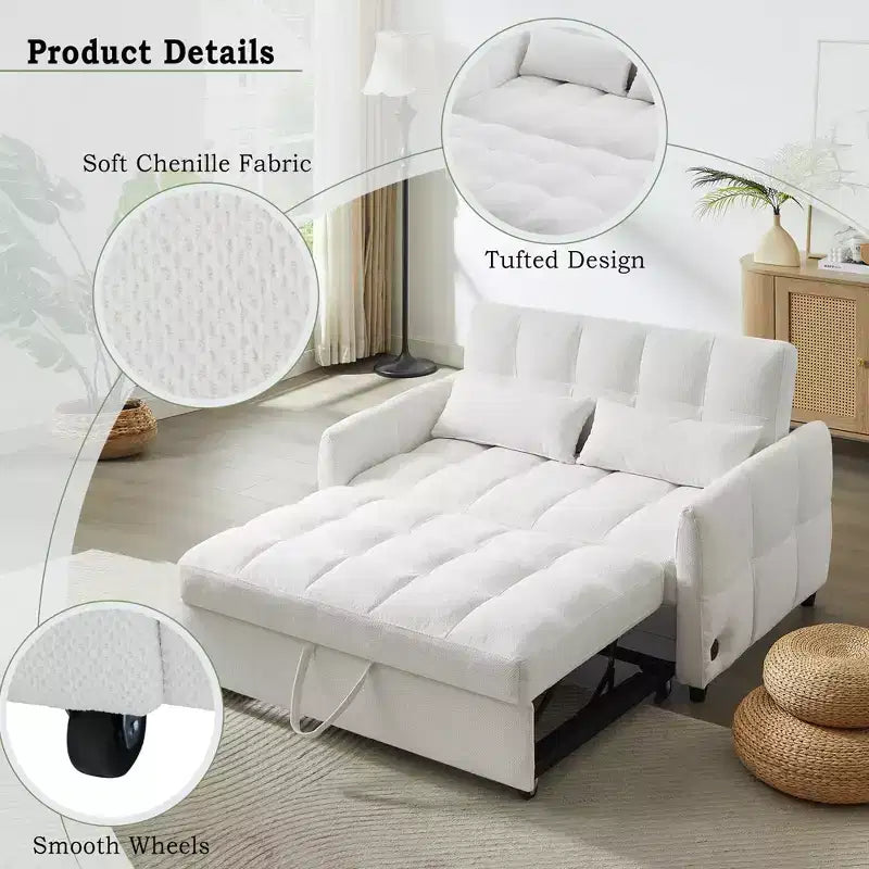 Divanetto Sleeper Estraibile da 52,8" con Schienale Regolabile, 3 Porte USB e Cuscini Lombari - Divano Letto Tufted in Ciniglia per Piccoli Spazi
