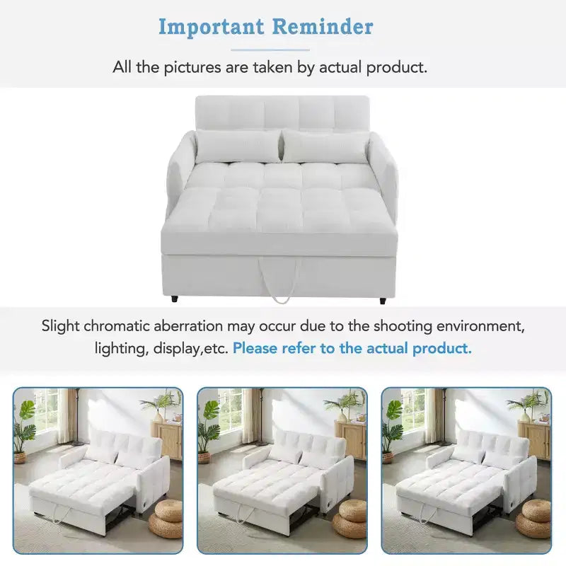 Divanetto Sleeper Estraibile da 52,8" con Schienale Regolabile, 3 Porte USB e Cuscini Lombari - Divano Letto Tufted in Ciniglia per Piccoli Spazi