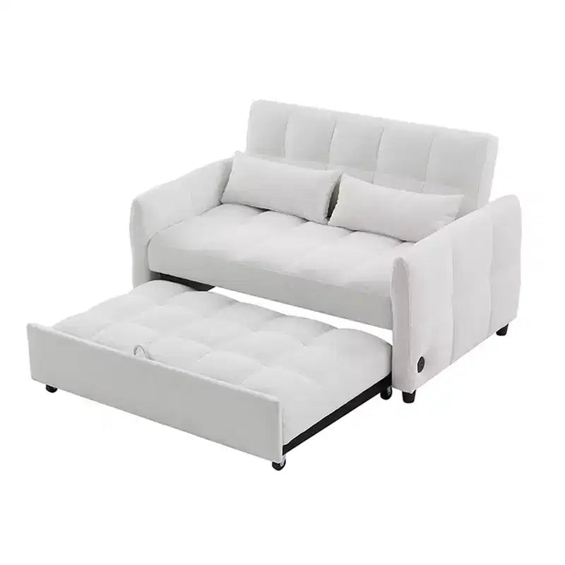 Divanetto Sleeper Estraibile da 52,8" con Schienale Regolabile, 3 Porte USB e Cuscini Lombari - Divano Letto Tufted in Ciniglia per Piccoli Spazi