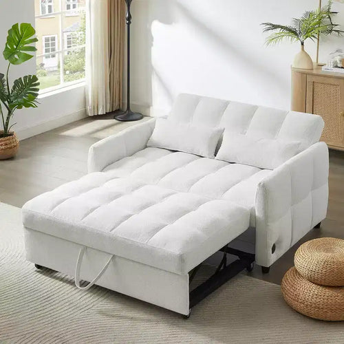 52.8 Pull-Out Sleeper Loveseat with Adjustable Backrest, 3 USB Ports & Lumbar Pillows - Chenille Tufted Sofa Bed for Small Spaces