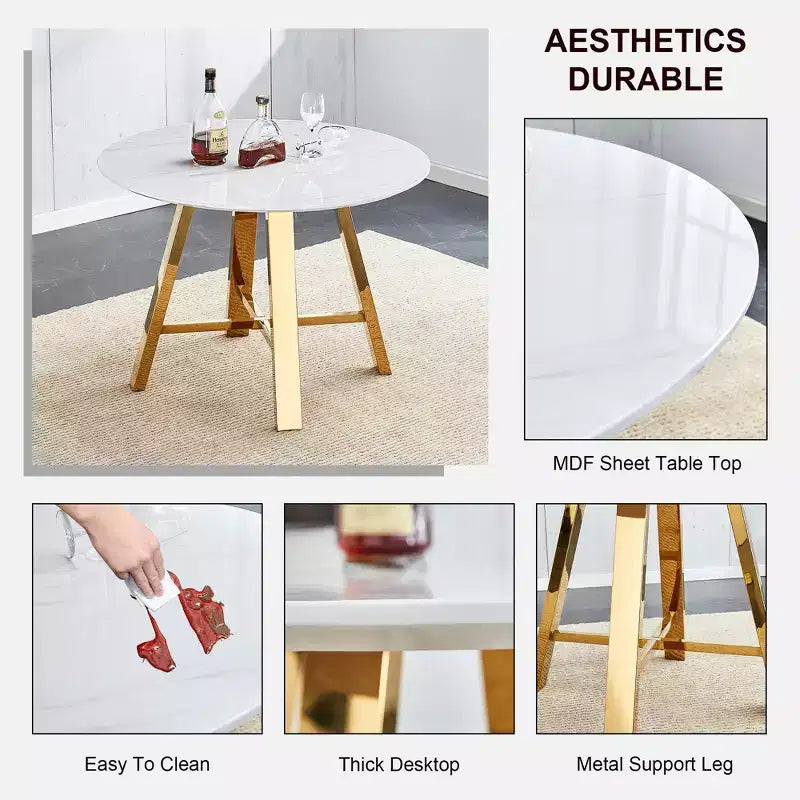 Tavolino rotondo da caffè, Tavolo da pranzo, Tavolino da cocktail moderno, Tavolino centrale, Tavolino d'appoggio con gambe in metallo, Oro+Bianco/Nero+Legno-ModernLuxe
