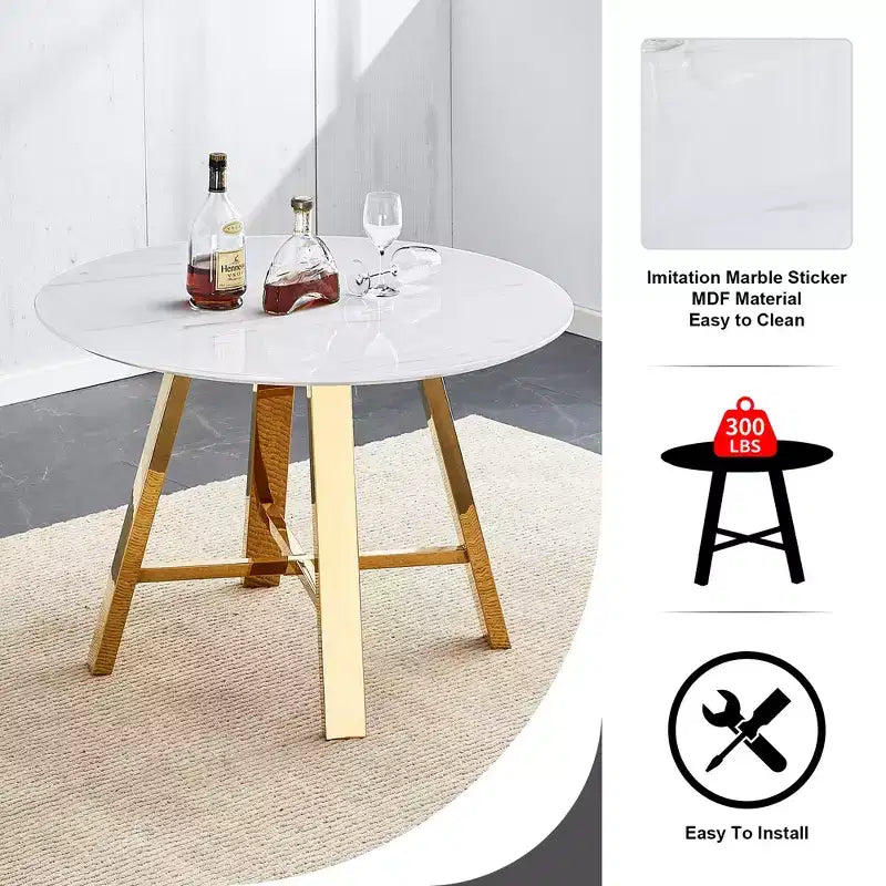 Tavolino rotondo da caffè, Tavolo da pranzo, Tavolino da cocktail moderno, Tavolino centrale, Tavolino d'appoggio con gambe in metallo, Oro+Bianco/Nero+Legno-ModernLuxe