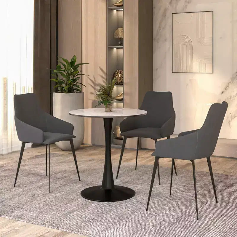 LeisureMod Bristol Tavolo da pranzo rotondo da 24 pollici con ripiano in pietra sinterizzata, tavolino da caffè e robusta base a piedistallo in acciaio nero per cucina e piccoli spazi
