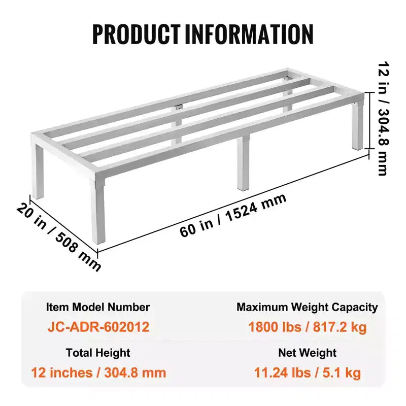 VEVOR Scaffale in Alluminio per Stoccaggio, Scaffale Commerciale per Alimenti da Pavimento 60 x 20, 12 Pollici da Terra, Capacità 1800 libbre, Scaffale di Stoccaggio in Alluminio Completamente Saldata