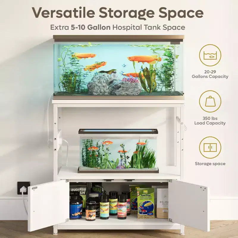 Mobile per acquario Bestier Gallon con presa di corrente, supporto nero per acquario con armadietti, mobile rettangolare per acquario con piedini regolabili e 4 ganci