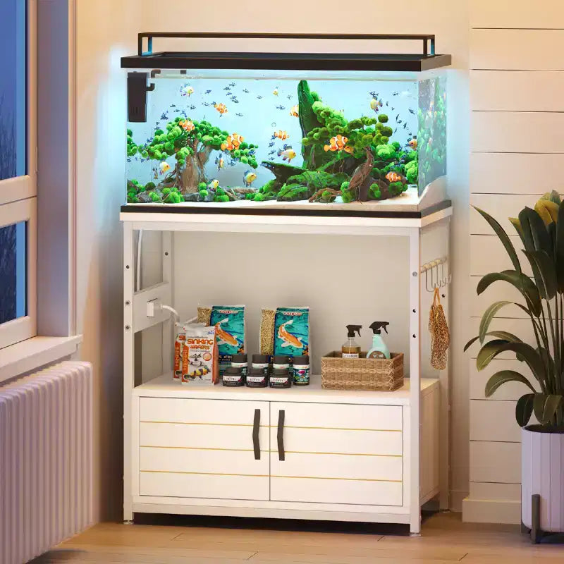 Mobile per acquario Bestier Gallon con presa di corrente, supporto nero per acquario con armadietti, mobile rettangolare per acquario con piedini regolabili e 4 ganci