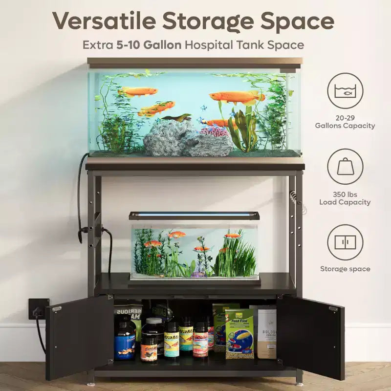 Mobile per acquario Bestier Gallon con presa di corrente, supporto nero per acquario con armadietti, mobile rettangolare per acquario con piedini regolabili e 4 ganci