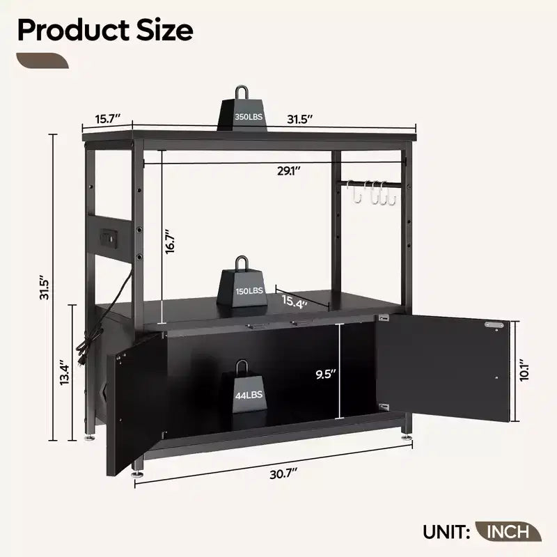 Mobile per acquario Bestier Gallon con presa di corrente, supporto nero per acquario con armadietti, mobile rettangolare per acquario con piedini regolabili e 4 ganci