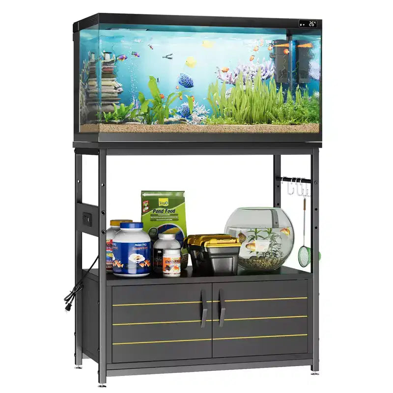 Mobile per acquario Bestier Gallon con presa di corrente, supporto nero per acquario con armadietti, mobile rettangolare per acquario con piedini regolabili e 4 ganci
