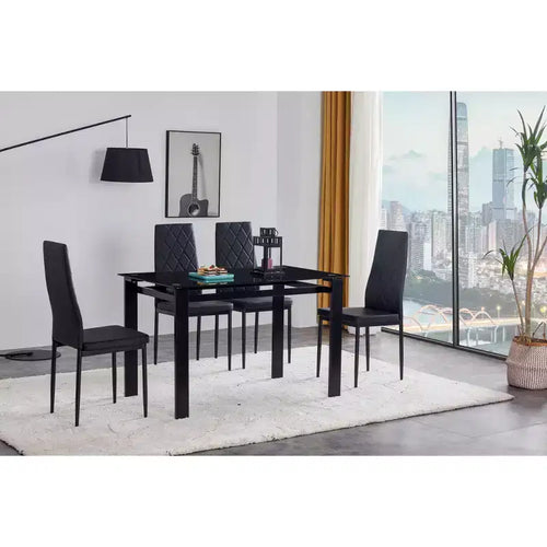 Set da pranzo da 5/7 pezzi con sedie in PU e tavolo da pranzo in vetro temperato, nero-ModernLuxe