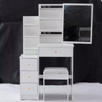 Okak Vanity Table and Chair Set and Cushioned Stool, 29.2 Compact Left-Side Bedside Dressing Table with Touch Sliding LED Mirror, White