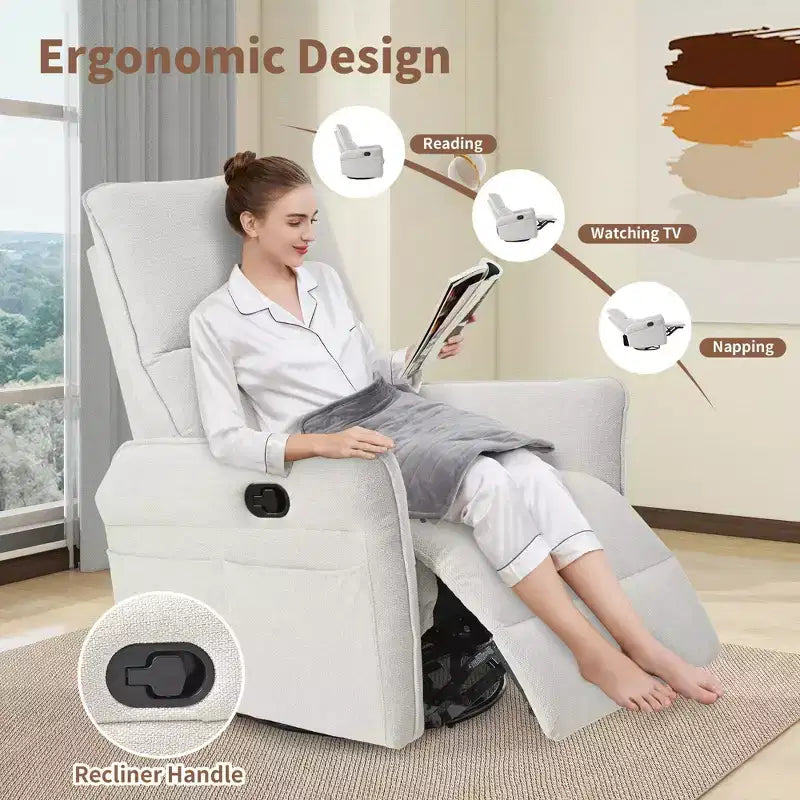 Poltrona reclinabile a dondolo Okak con tasca laterale, girevole a 360°, piccola poltrona a dondolo per cameretta, soggiorno, camera da letto, home theater
