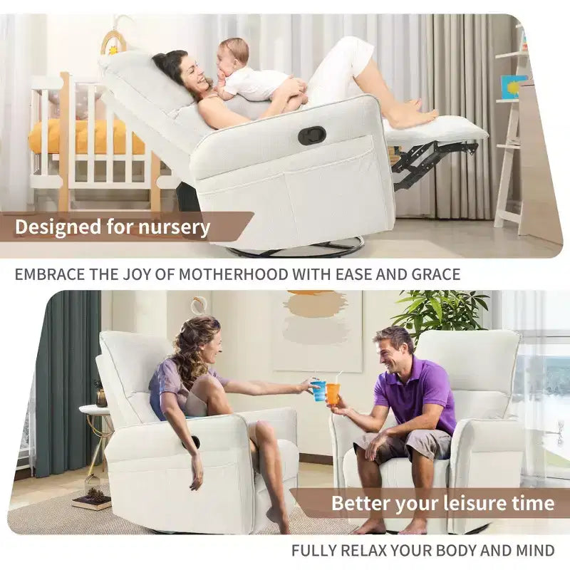 Poltrona reclinabile a dondolo Okak con tasca laterale, girevole a 360°, piccola poltrona a dondolo per cameretta, soggiorno, camera da letto, home theater