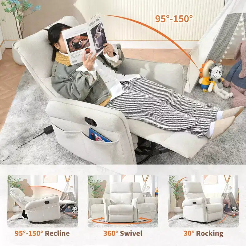 Poltrona reclinabile a dondolo Okak con tasca laterale, girevole a 360°, piccola poltrona a dondolo per cameretta, soggiorno, camera da letto, home theater