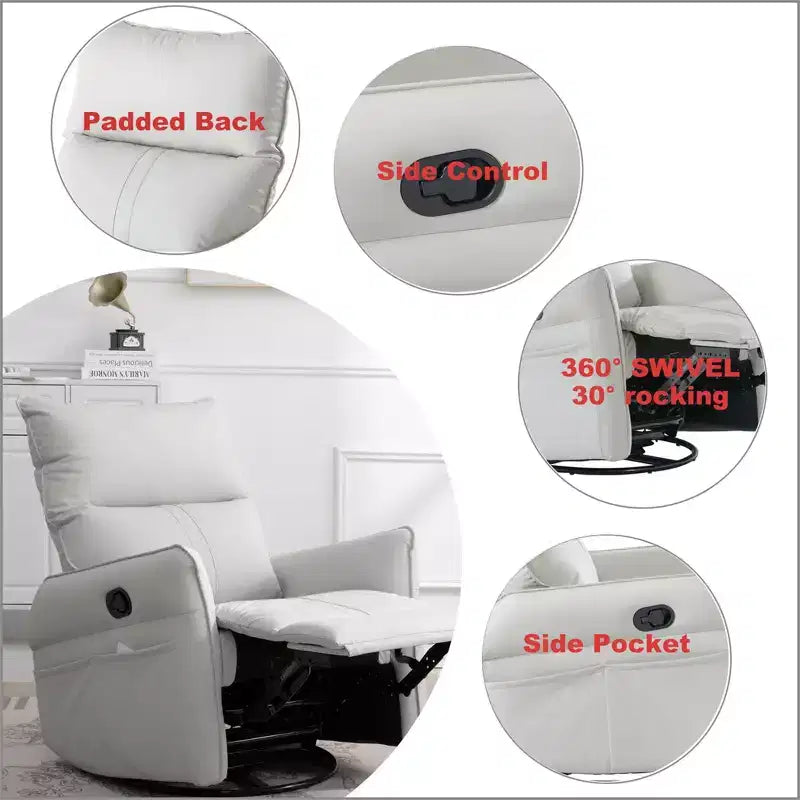 Poltrona reclinabile a dondolo Okak con tasca laterale, girevole a 360°, piccola poltrona a dondolo per cameretta, soggiorno, camera da letto, home theater