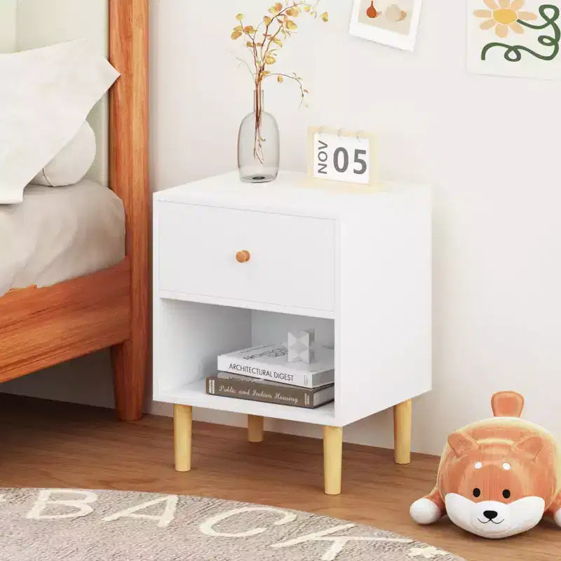 Table de chevet en bois pour enfants, table d'appoint avec tiroir et étagère, Blanc-ModernLuxe