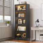 Tall Display Cabinet with Glass Doors, 5-Tier Steel Barister Bookcase Curio Cabinet Storage Cabinet Accent Cabinet Pantry Organizer, Black-ModernLuxe