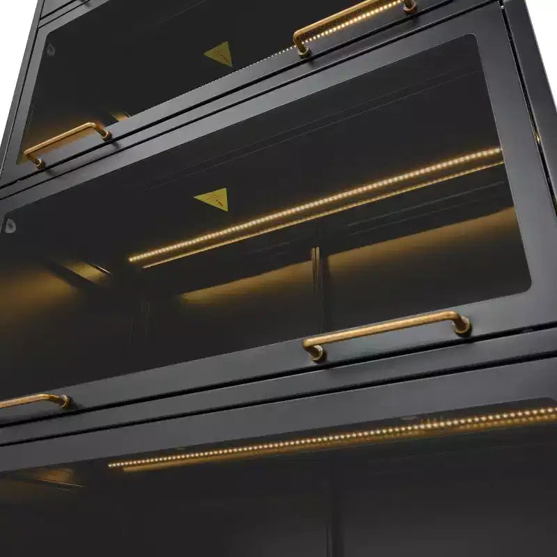 Vetrina alta con ante in vetro, libreria/credenza a 5 ripiani in acciaio, mobiletto, organizer per dispensa, nero-ModernLuxe
