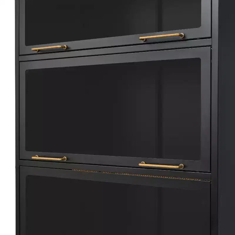 Vetrina alta con ante in vetro, libreria/credenza a 5 ripiani in acciaio, mobiletto, organizer per dispensa, nero-ModernLuxe