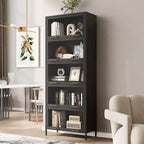 Vetrina alta con ante in vetro, libreria/credenza a 5 ripiani in acciaio, mobiletto, organizer per dispensa, nero-ModernLuxe