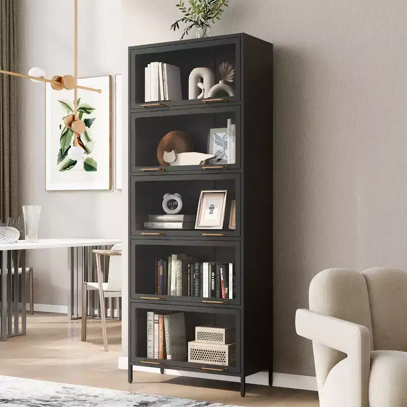 Vetrina alta con ante in vetro, libreria/credenza a 5 ripiani in acciaio, mobiletto, organizer per dispensa, nero-ModernLuxe